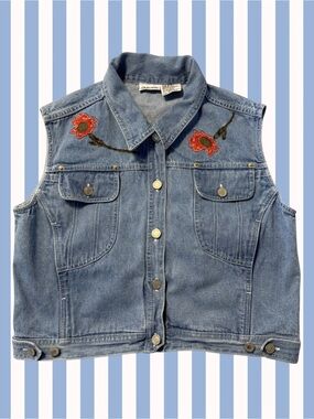 Styleworks - 1990s Vintage Embroidered Denim Vest - Size L